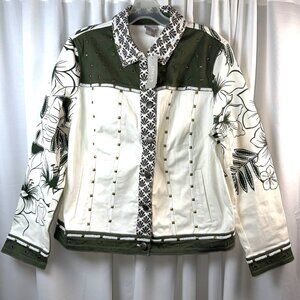 NWT Womens Chico Novelty Studded Green/White Floral Denim Artisan LS Jacket 8/10